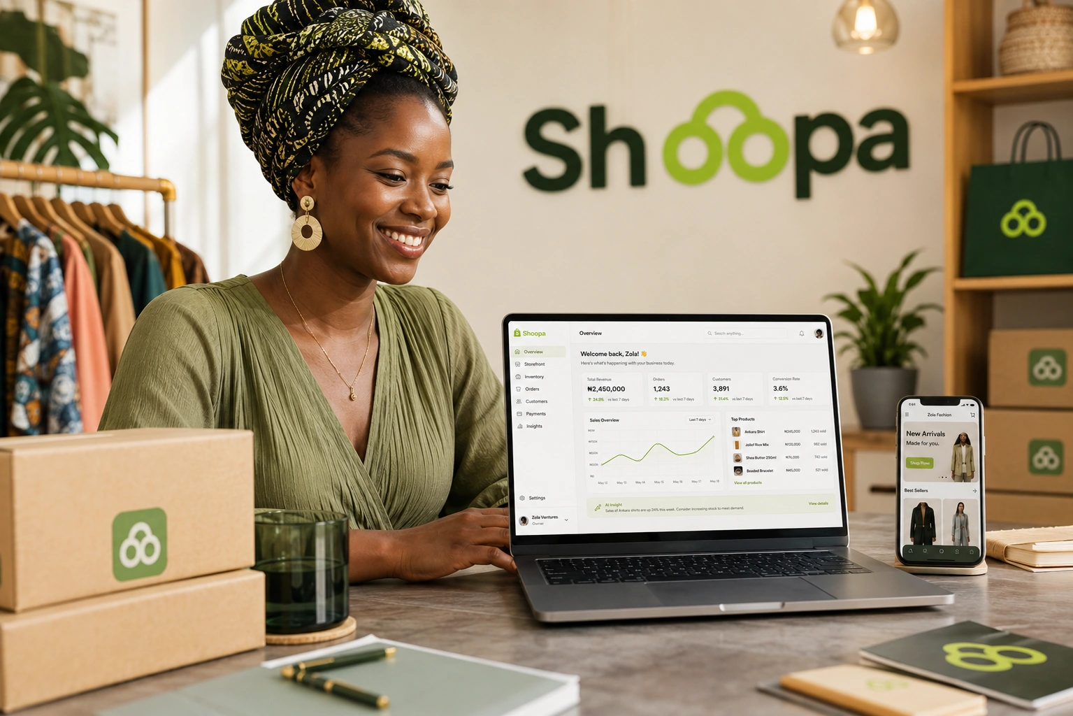 Shoopa unified merchant dashboard, storefront, and AI sales management interface