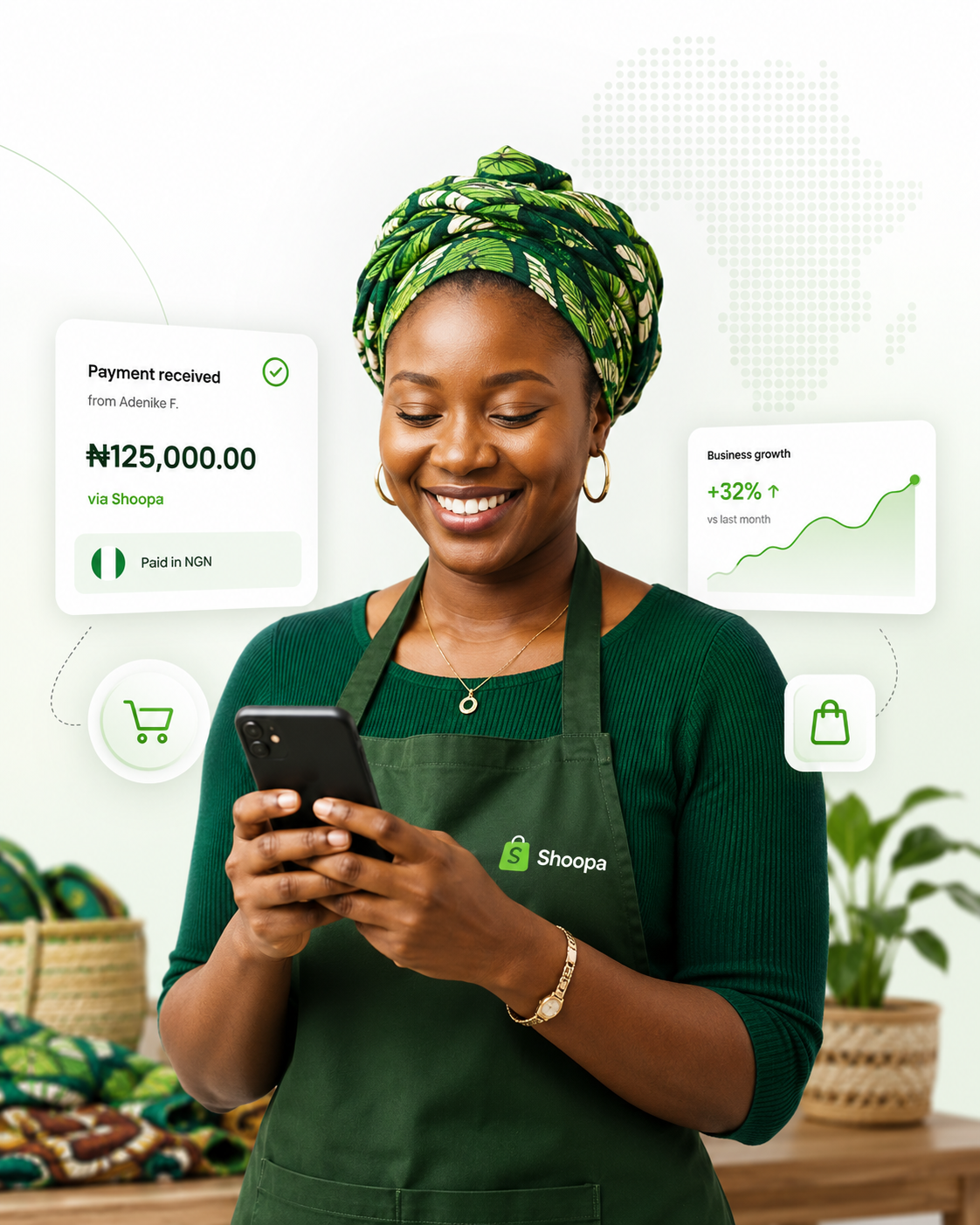 Nigerian business owner receiving a Shoopa payment notification